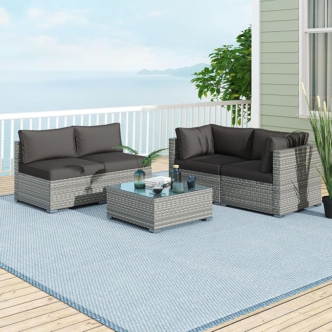 Tangkula 5-Piece Outdoor Patio Sectional Sofa Couch, PE Rattan Conversation Set w/Glass Coffee Table & Cushions, Outdoor Furniture Set w/Sturdy Metal Frame for Garden Poolside Backyard