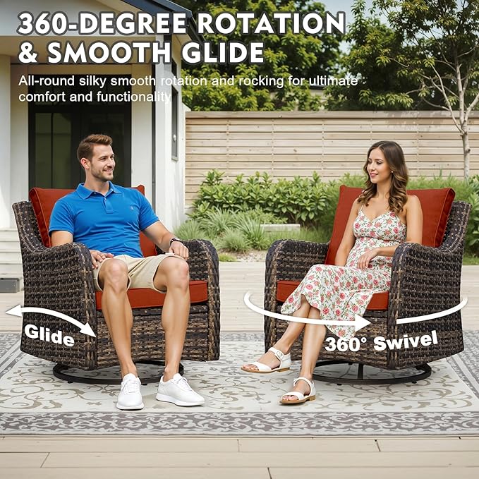 MEISSALIVVE Patio Furniture Set with Swivel Rocking Chairs, 8 Pieces Patio Conversation Set, Outdoor Wicker Sofa Couch with Waterproof Cushions for Lawn Backyard Porch (Red)