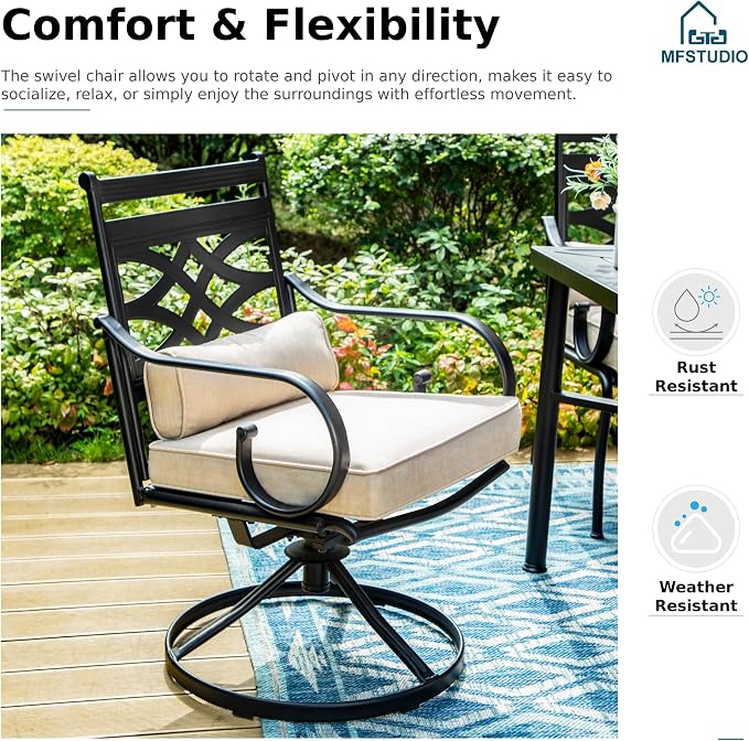 MFSTUDIO Patio Dining Set, 42" Square Wood-Look Table, Swivel Chairs | Umbrella Hole, Seats 4, All-Weather Use