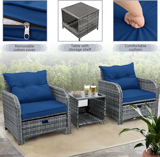 5 Pcs Outdoor Patio Chair with Ottomans, PE Wicker Rattan Patio Conversation Furniture Set, Space Saving Design Outdoor Chairs with Ottomans Set for Balcony Poolside Front Porch Deck, Blue