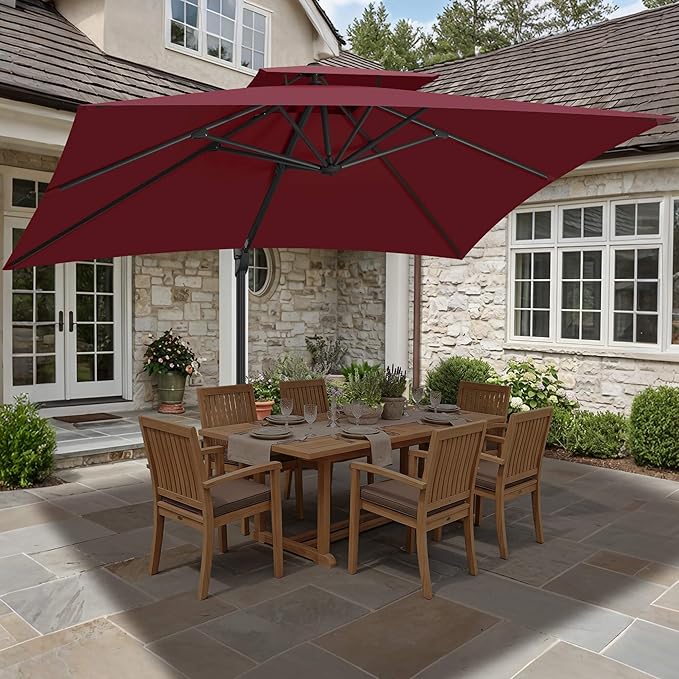 FLAME&SHADE 10 X 10 FT Cantilever Patio Umbrella - Large Square Offset Umbrella Outdoor Patio with 360-Degree Rotation and 3-Year Fade Resistance Fabric for Deck Pool Backyard Garden (Burgundy)