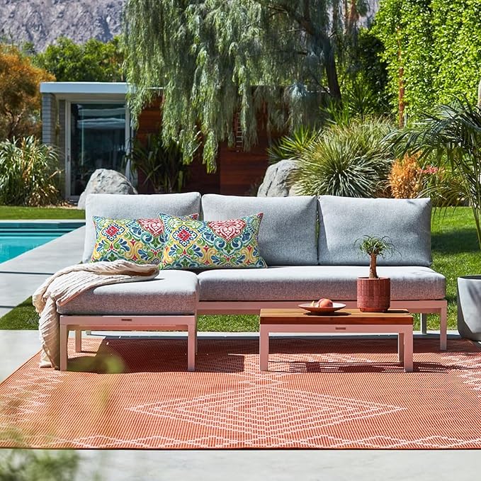 LVTXIII Set of 2 Outdoor Lumbar Pillows for Patio Furniture with White Piping, 12"x20" Fade Resistant Patio Lumbar Pillows with Inserts for Home Coach Sofa Use, Damask Red