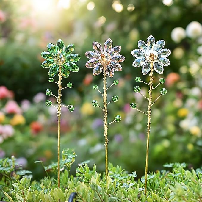 3Pcs Crystal Sunflower Suncatchers with 13'' Gold Trellis Metal Plant Stake | Glass Plant Suncatcher Garden Stakes for Indoor Outdoor Garden Potted Plants Decorations Plant Lover Gift(Clear, Green, Pink)