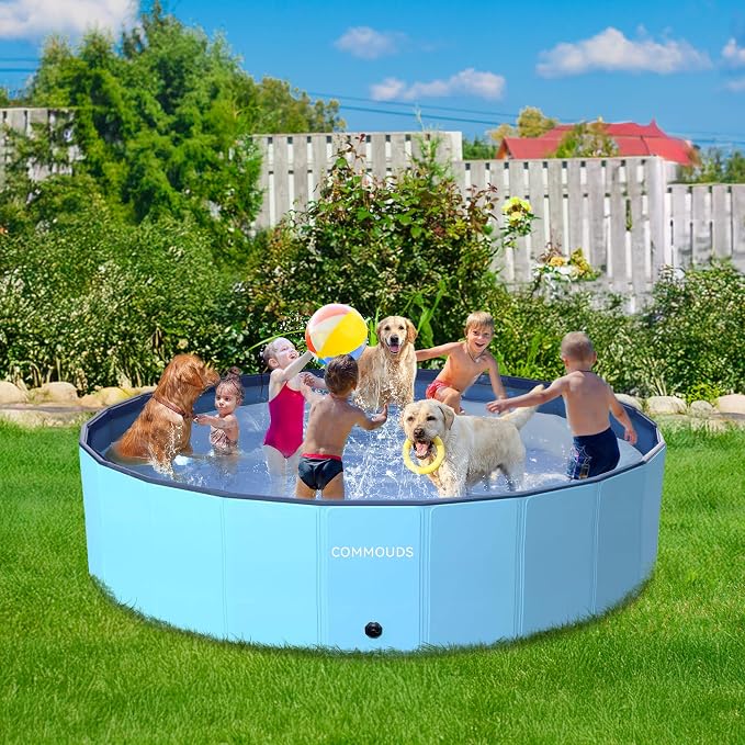 COMMOUDS 120 Inch Extra Large Foldable Dog Pool, Collapsible Hard Plastic Dog Kiddie Family Swimming Pool, Portable Pet Bath Tub Wading Pools for Kids and Puppy Small Medium Large Dogs