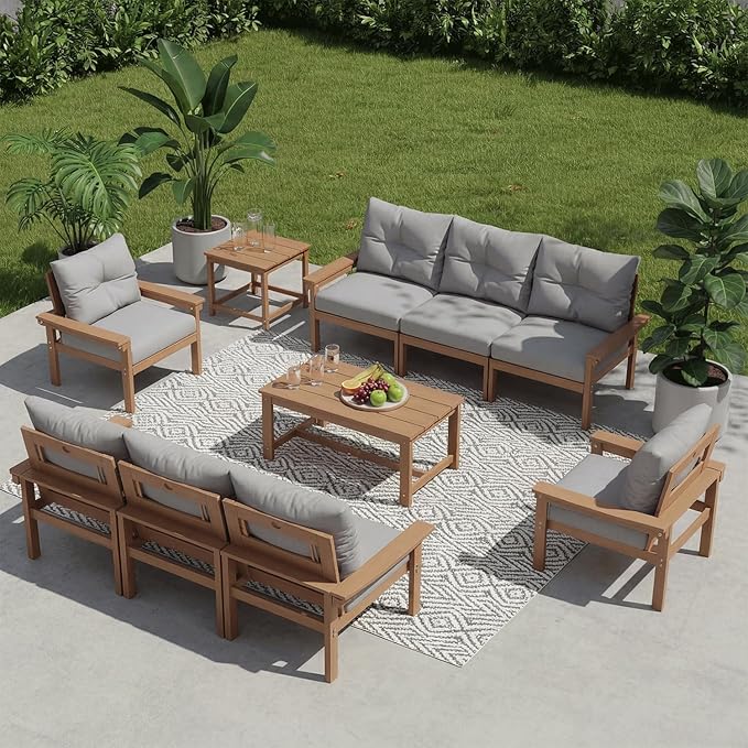 HDPE 10 Piece Outdoor Patio Furniture Set, All-Weather Outdoor Couch Set with Thick Cushions & Table, Patio Conversation Set for Lawn, Garden, Porch, Balcony, Deck, Poolside, Teak