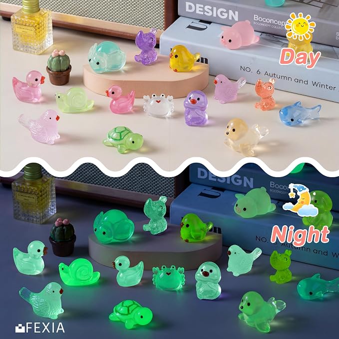 FEXIA 100 Pcs Luminous Mini Resin Animals 20 Types Glow in the Dark Tiny Figurines Bulk Set for DIY Garden Aquarium Micro Landscape and Party Decoration Desk Pets and Miniature Accessories