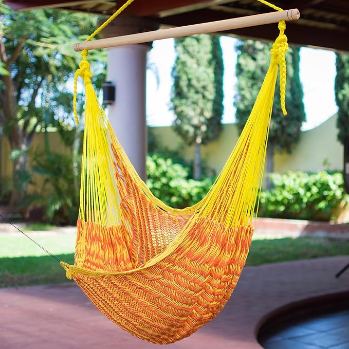 NOVICA Orange and Marigold Yellow Cotton Woven Mayan Rope Hammock Swing Chair with Spreader Bar, 'Maya Sunflower'