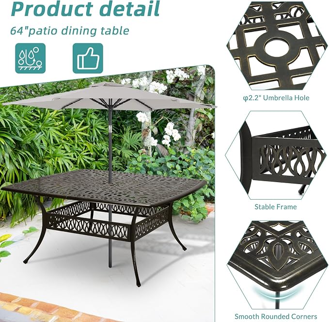 MEETWARM Outdoor 64" Square Patio Dining Table with Detachable Lazy Susan, All Weather Cast Aluminum Large Patio Furniture Table Set for 8 Seat with 24" Rotating Tray, Umbrella Hole, Dark Bronze