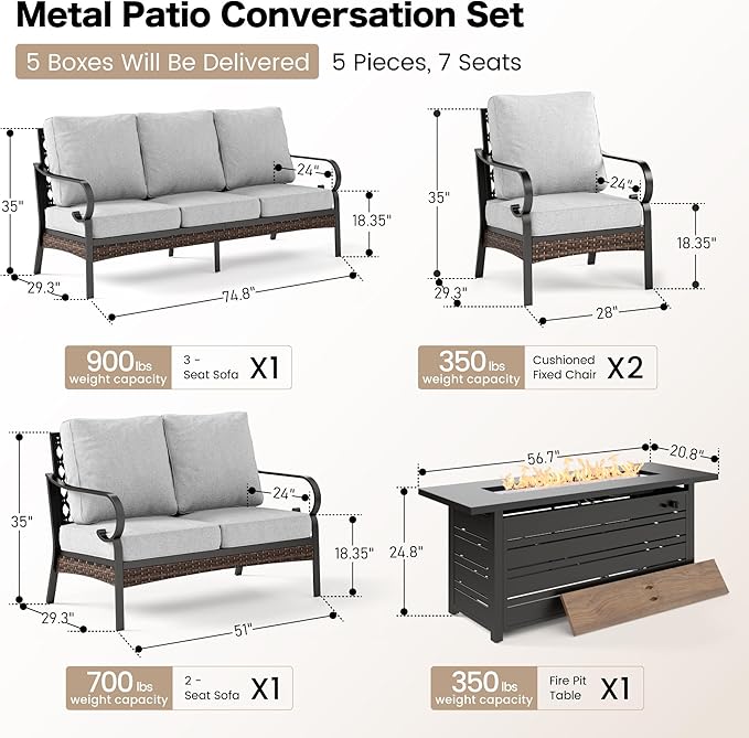 5 PCS Metal Outdoor Patio Furniture Sets with Firepit Table, Patio Conversation Sets 1 3-Seater Sofa, 1 2-Seater Loveseat, 2 Single Sofa with 5.75" Cushion for Backyard, Light Gray