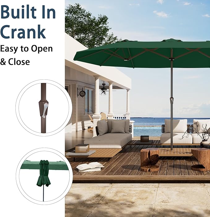 PatioKingdom 15FT Large Patio Umbrella with Base, Double Sided Rectangular Outdoor Umbrella with Sturdy Fiberglass Ribs, Market Umbrella for Pool,Garden,Backyard,Deck (Dark green, 15FT)