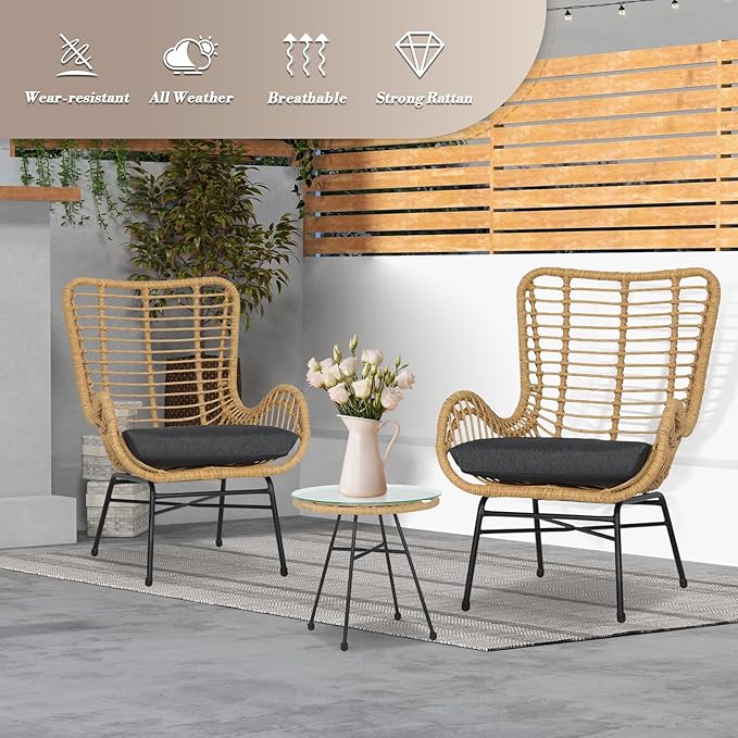 Athena Collection Patio Bistro Sets, 3 Piece All Weather Furniture Set Outdoor Conversation Set Glass Table and Rattan Chairs Set with Soft Cushions for Garden, Poolside, Backyard, Black