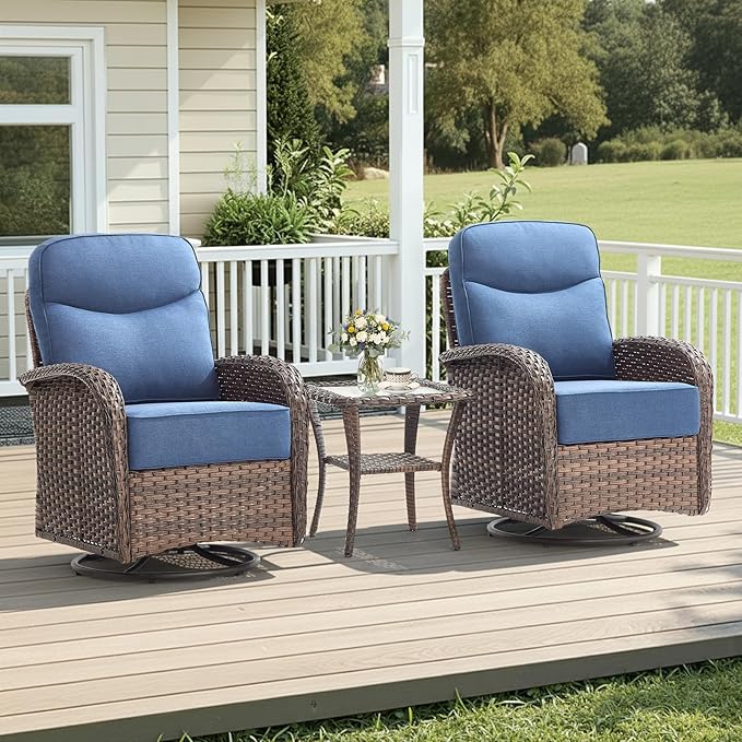 Luxury Wicker Patio Furniture Set with 6-Inch Thick Cushions, 3 Pieces Outdoor Swivel Rocker Patio Chairs Set of 2 with Rattan Side Table, Outdoor Patio Conversation Sets for Garden Deck, Blue