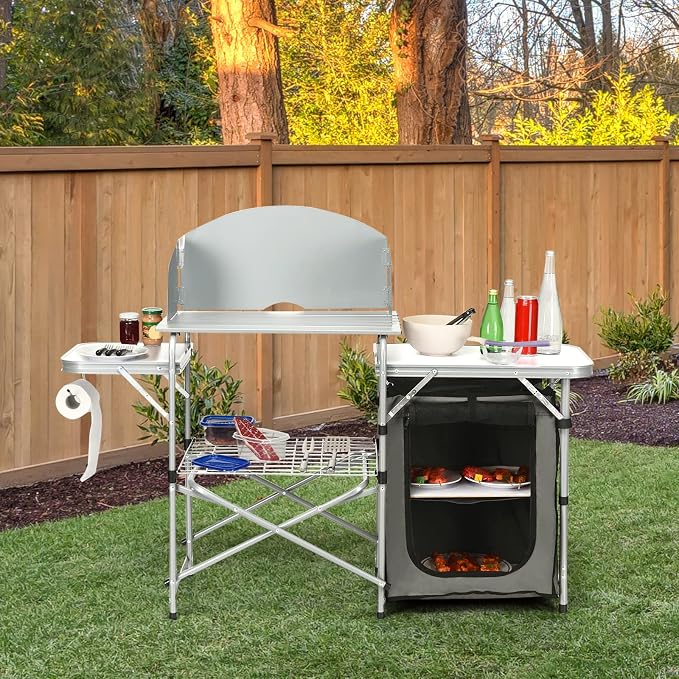 Goplus Camping Kitchen Table, Portable Outdoor Cooking Table with Storage, 26'' Tabletop, Detachable Windscreen, Camp Cook Station, Folding Grill Table for Tailgating BBQ Picnic Backyard Beach RV