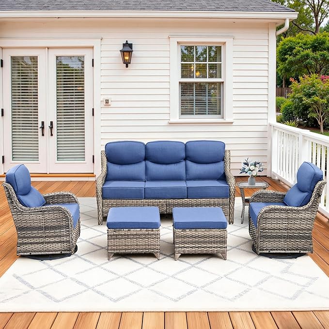 Luxury High Back Patio Furniture Set with 6-Inch Thick Cushions, 6-Pieces Outdoor Furniture with Swivel Chairs &Side Table, Wicker Conversation Set for Porch, Balcony, Deck and Yard, Grey/Blue
