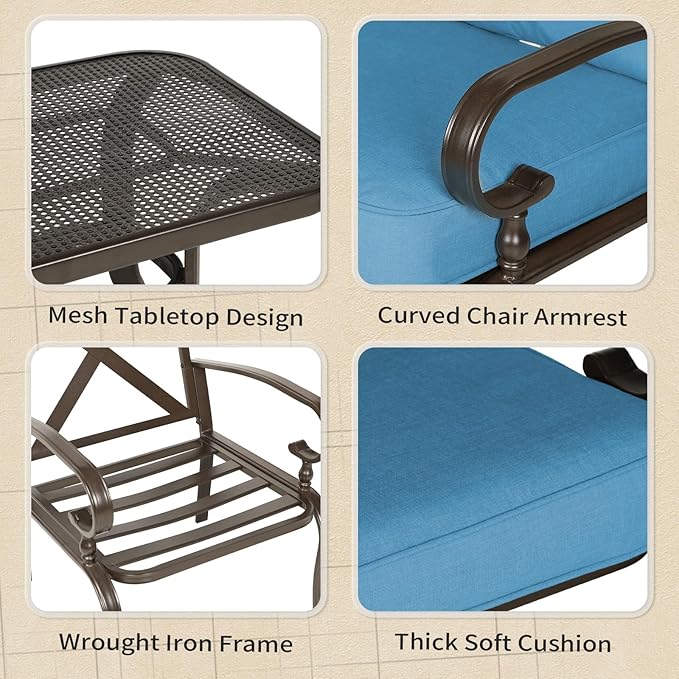 Oakcloud 4Pcs Metal Outdoor Furniture Patio Conversation Set (Loveseat and Coffee Table, 2 Dining Chair) -Wrought Iron Patio Chair Set with Cushions (Blue)