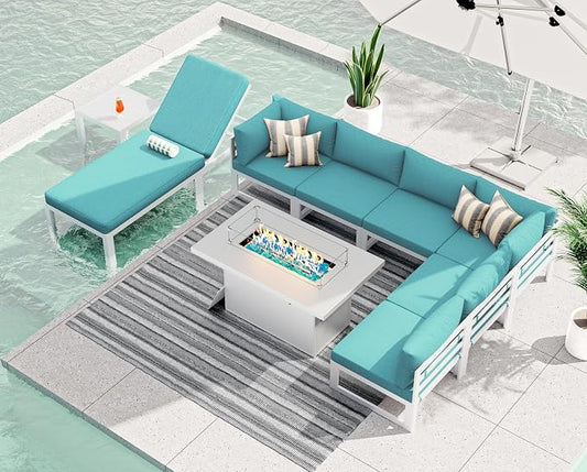 RADIATA 7 Seater Extra Large Modern Aluminum Outdoor Sofa with Lay Out Chair & Fire Pit Table, 500 lbs Durable Sectional Set for Heavy People, All Weather Comfy Patio Furniture Set for Backyard, Teal