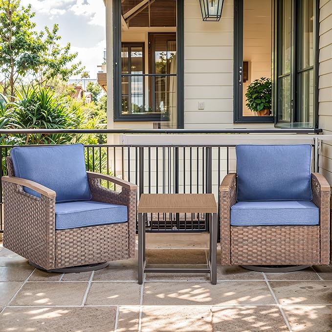 Luxury Outdoor Swivel Rocker Patio Chairs with Metal Side Table - Heavy Duty 3 Piece Patio Furniture Set All Weather Wicker Glider Set with Thick Cushion for Porch, Poolside and Deck - Blue