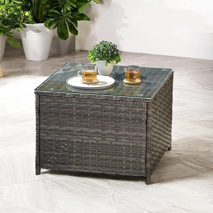 ovios Outdoor Side Table with Tempered Glass Top, Patio Wicker Coffee Table, Rattan Bistro End Table for Porch Deck Balcony Garden Poolside, Grey
