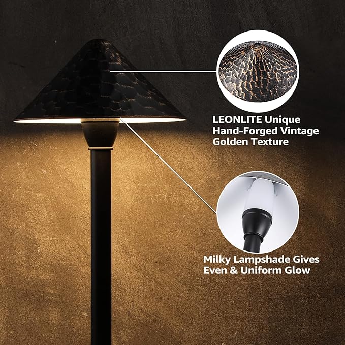 LEONLITE LED Low Voltage Landscape Path Light, 3W 12-24V AC/DC, Pathway Lighting Wired, Outdoor Light for Yard Lawn, ETL CRI90+ Unique Vintage Golden Texture, Aluminum, 3000K Warm White, Pack of 4