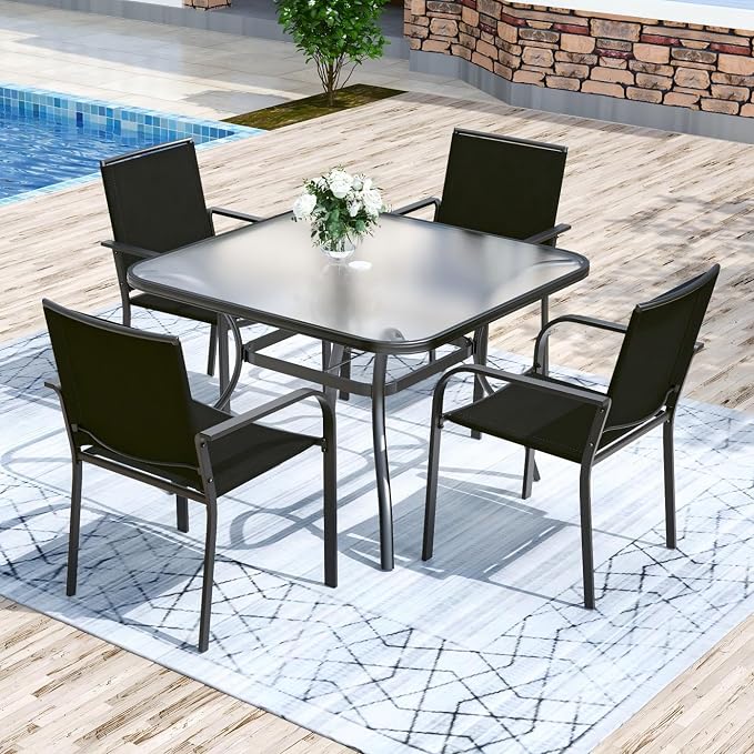 Anmutig Square Outdoor Dining Table for 4 Person, 37 inch Glass Top, Black Powder-Coated Frame with Umbrella Hole Outdoor Furniture