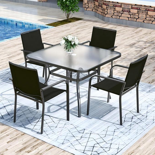 Anmutig 5-Piece Outdoor Patio Dining Set 37-Inch Square Glass Table with 4 Stackable Chairs for Lawn Backyard and Deck, Black