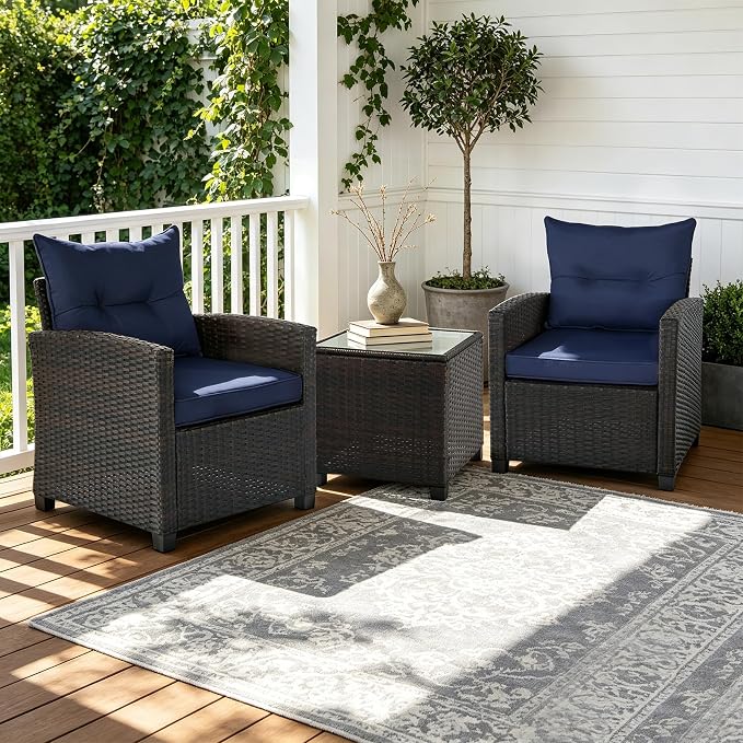 SHGJ&SOFT 3 Pieces Patio Furniture Set, Outdoor Conversation Set with Cushions, PE Rattan Wicker Bistro Set and Tempered Glass Tabletop, Outdoor Rattan Sofa for Poolside,Porch,Balcony (Navy Blue)