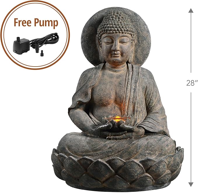 Teamson Home Buddha Zen Statue Water Fountain with LED Light and Pump for Outdoor Patio Garden Backyard Decking, 28 Inch Height, Stone Gray