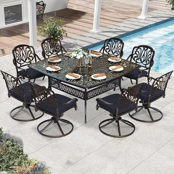 9 Piece Outdoor Patio Dining Set for 8, Cast Aluminium Large Square Dining Table & 4 Swivel Rocker Chairs, 4 Stationary, 8 Cushions, Umbrella Hole, Patio Furniture Set for Garden, Navy Blue