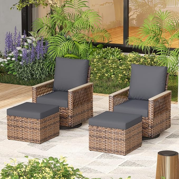 MELLCOM 4 Pieces Patio Furniture Set, Outdoor Swivel Glide Chairs with Ottomans, All-Weather Patio Bistro Set with Water-Resistant Cushions and High Back for Garden, Backyard