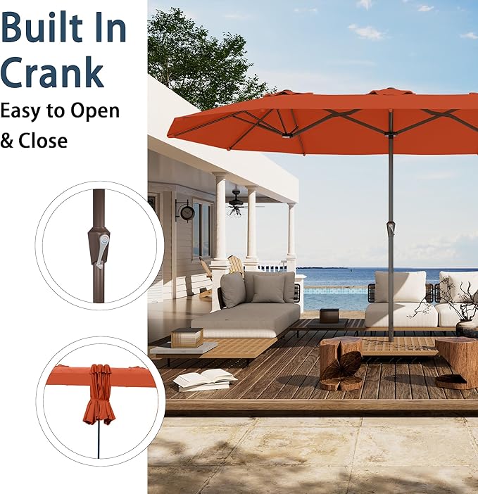 PatioKingdom 15FT Large Patio Umbrella with Base, Double Sided Rectangular Outdoor Umbrella with Sturdy Fiberglass Ribs, Market Umbrella for Pool,Garden,Backyard,Deck (Orange, 15FT)