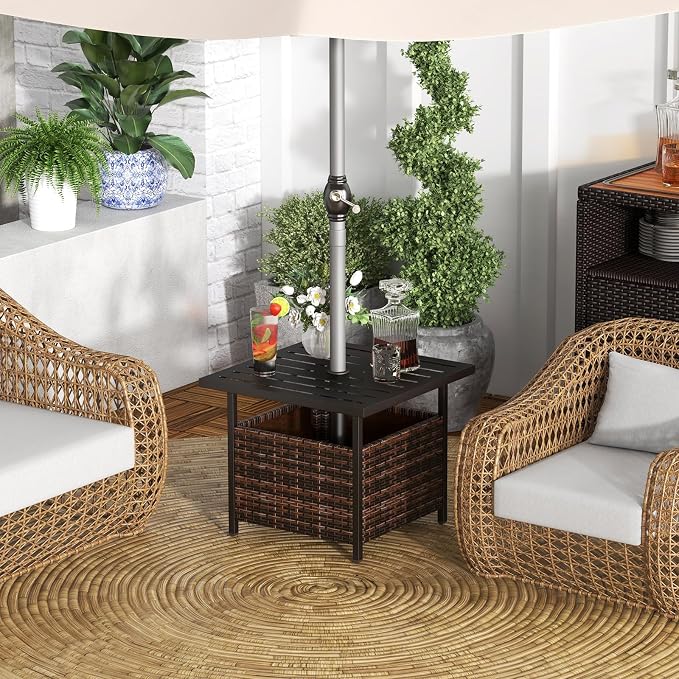 Giantex Outdoor Side Table with Umbrella Hole, 22" Wicker Umbrella Stand Holder and Base, Weather-Resistant PE Rattan Patio End Table for Deck Garden Poolside, Mix Brown (Metal Tabletop)