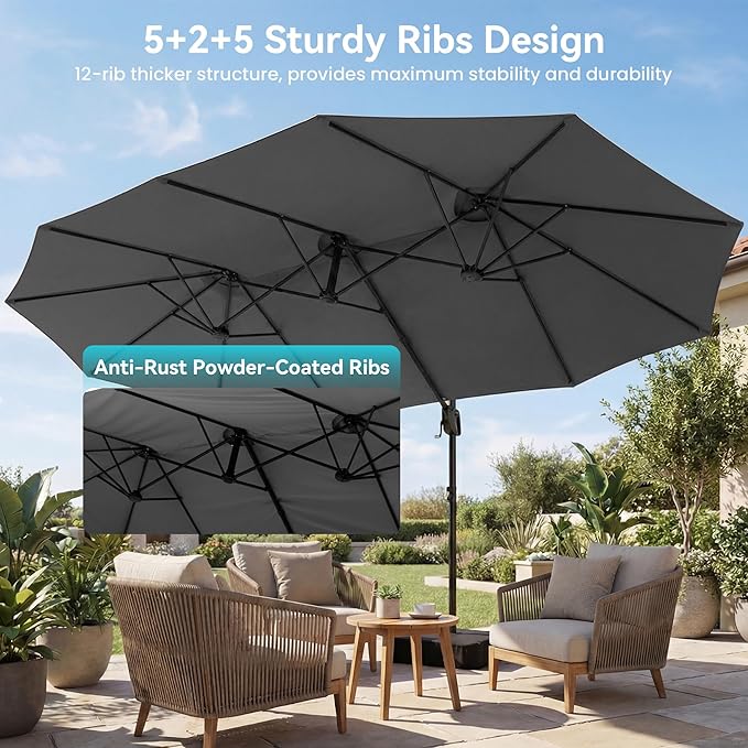 COSIEST 8 * 13FT Cantilever Patio Umbrella with Base,Large Rectangle Offset Umbrella，Heavy Duty Double-Sided Table Market Umbrella for Garden, Pool, Deck Shade, Dark Gray