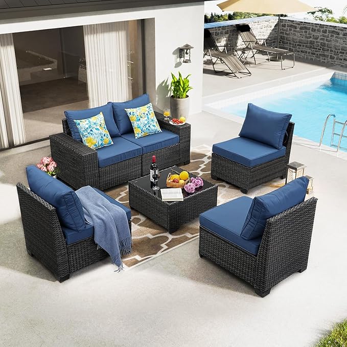 6 Pieces Patio Furniture Set,Wicker PE Rattan Outdoor Sectional with Cushion & Coffee Table, Patio Conversation Sofa for Garden, Backyard, Poolside,Navy