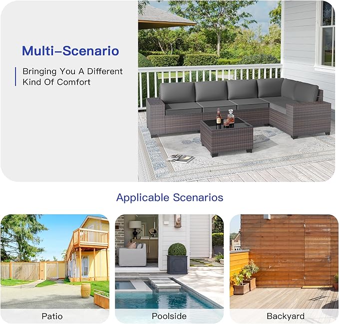 Patio Furniture Set 6 Pieces Outdoor Sectional Sofa Set,PE Rattan Wicker Patio Conversation Set with Thickened Cushions and Glass Coffee Table,Grey