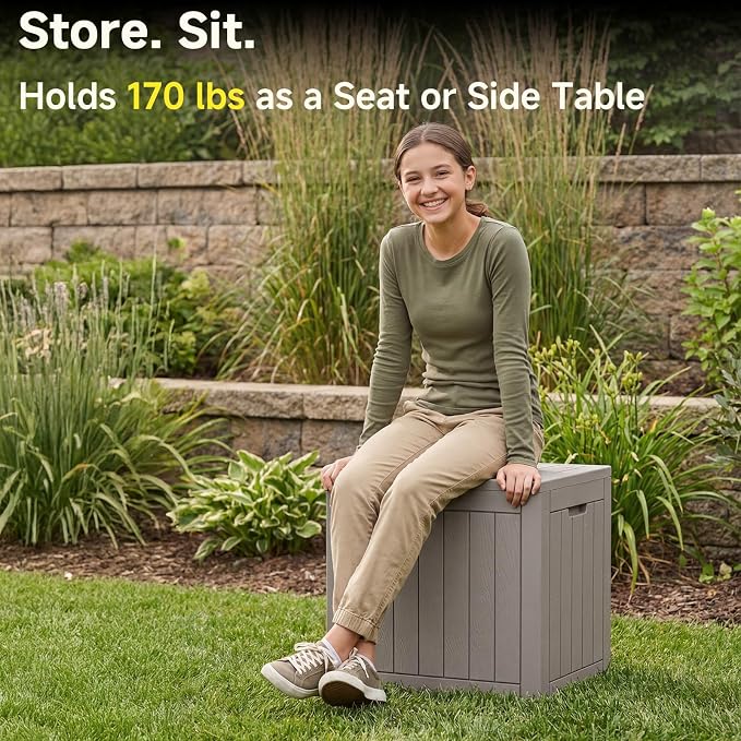 PatioZen 35 Gallon Outdoor Deck Box,Waterproof Resin Outdoor Storage Boxes, Outside Storage Lockable Container for Garden Tools,Indooor Cushions,Accessories (Grey)