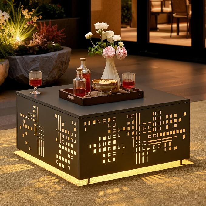 ovios 27" Outdoor Coffee Table with Solar Light, Patio Metal Table with Umbrella Hole and Cut-Out Design, Weatherproof Square Side Tables for Deck Porch Balcony Garden Backyard, Black