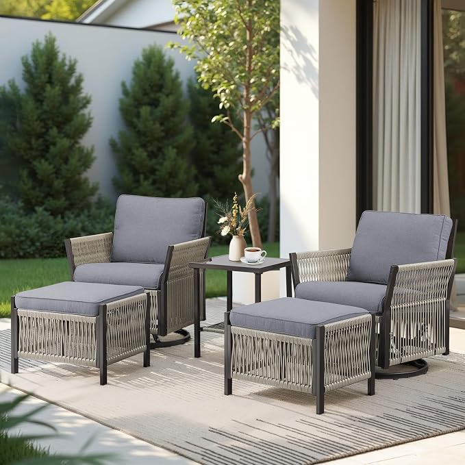 Patio Furniture Set Outdoor/Indoor, Wicker Patio Sofa, 5pcs Furniture Set with Swivel Rocker Chairs, Side Table, and Ottomans for Backyard, Garden, Poolside(Grey)