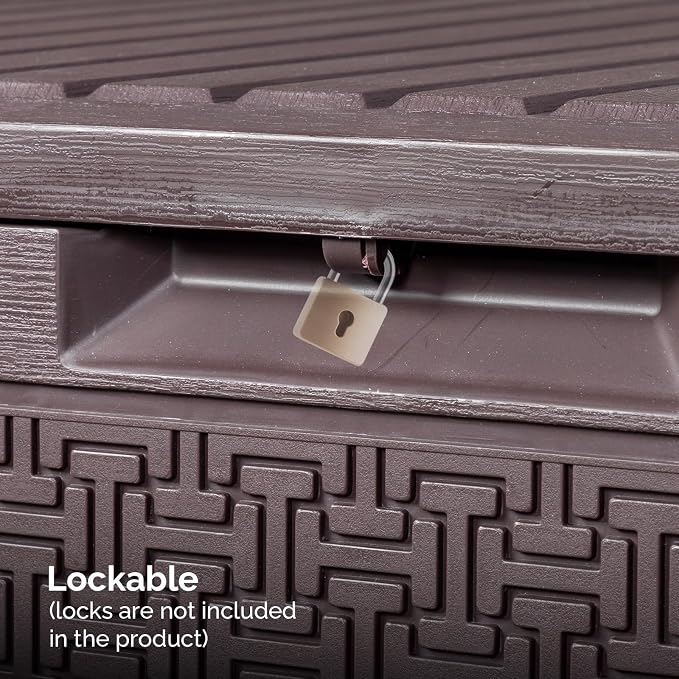 90 Gallon Outdoor Storage Deck Box with Wheels, Waterproof Resin Garden Storage Box Chest for Patio Furniture Cushions & Garden Tools, Lockable Seat Bench, Brown