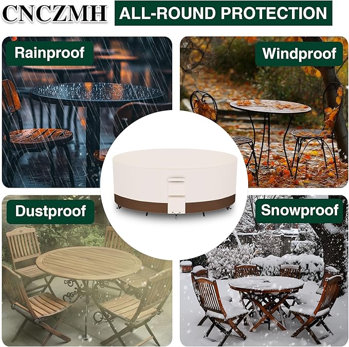 Heavy Duty Patio Furniture Covers Waterproof, 600D Round Outdoor Furniture Cover Waterproof for Sectional Sofa Couch, Outdoor Dining Table and Chair Set Covers 110"DIA x 28"H, Beige Brown