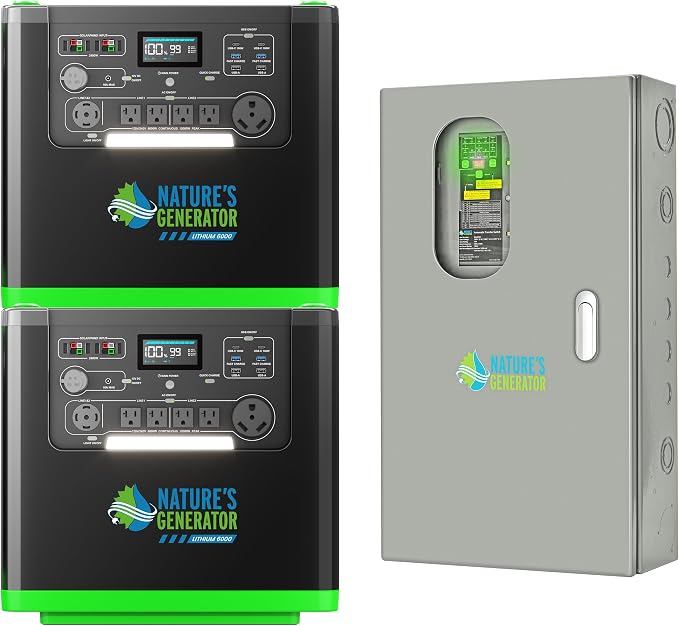 Natures Generator 2 Packs 3840Wh Solar Generator + 50A Automatic Transfer Switch, Lithium Batteries, 6000W Power Station for Home Backup, RVs, Emergencies, Power Outages, and Outdoor Camping