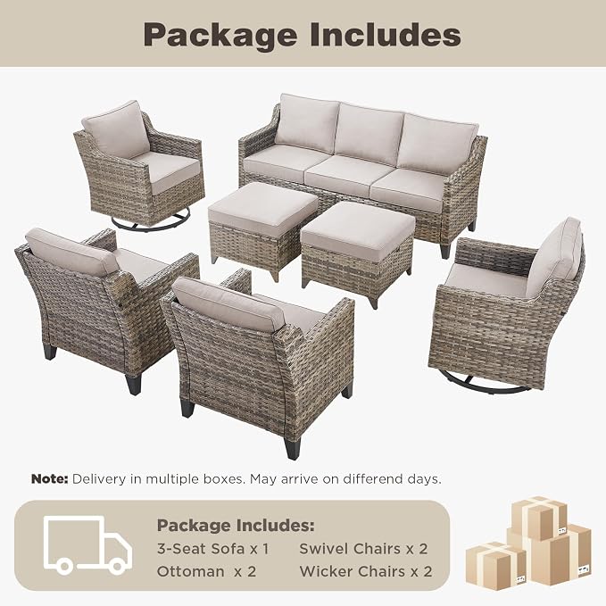 Belord Patio Wicker Swivel Rocker Patio Chairs with 3-Seater Sofa, Outdoor Rattan Chairs for Deck Porch Poolside, 7 Piece Patio Conversation Furniture Set,Beige
