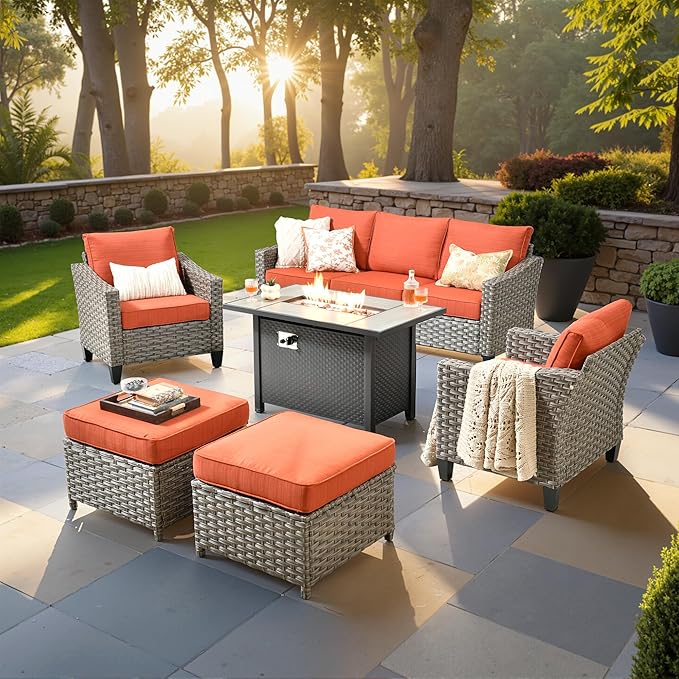 6 PCS Outdoor Patio Furniture 42in Set with Fire Pit Table, All-Weather Rattan Wicker Conversation Group with Deep Seating, Armchairs & Ottoman, High Back Comfort for Porch, Backyard, Orange