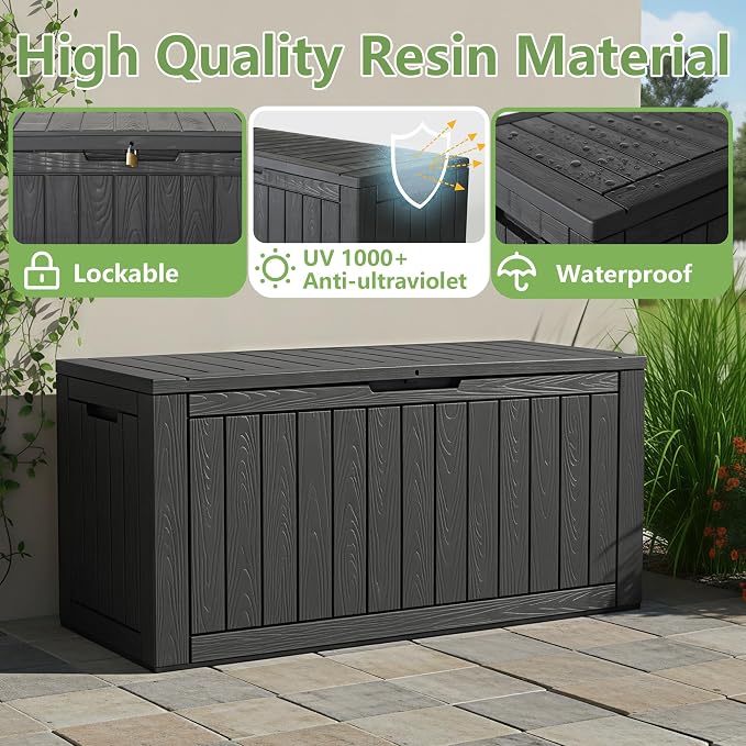 KAMABOKO 110 Gallon Waterproof Large Resin Deck Box, Lockable Large Outdoor Storage Box Indoor Outdoor Storage Container for Patio Cushions, Gardening Tools, Pool Supplies, Black