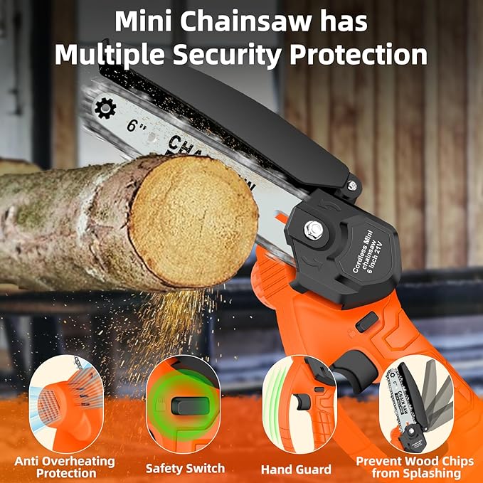 6-Inch Mini Cordless Chainsaw, Battery Powered Hand Held Electric Saw, High Speed Portable Saw for Tree Trimming, Branch Pruning, Wood & Soft Metal Cutting, Automatic Lubrication and Safety Protection
