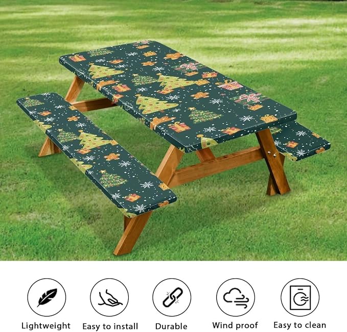 Christmas Picnic Table Cover with Bench Covers Autumn Outdoor Camping Tablecloth Water and Oil Repellent Elastic Waterproof Picnic Table Cover 3 Piece Set for 6 Foot Tables