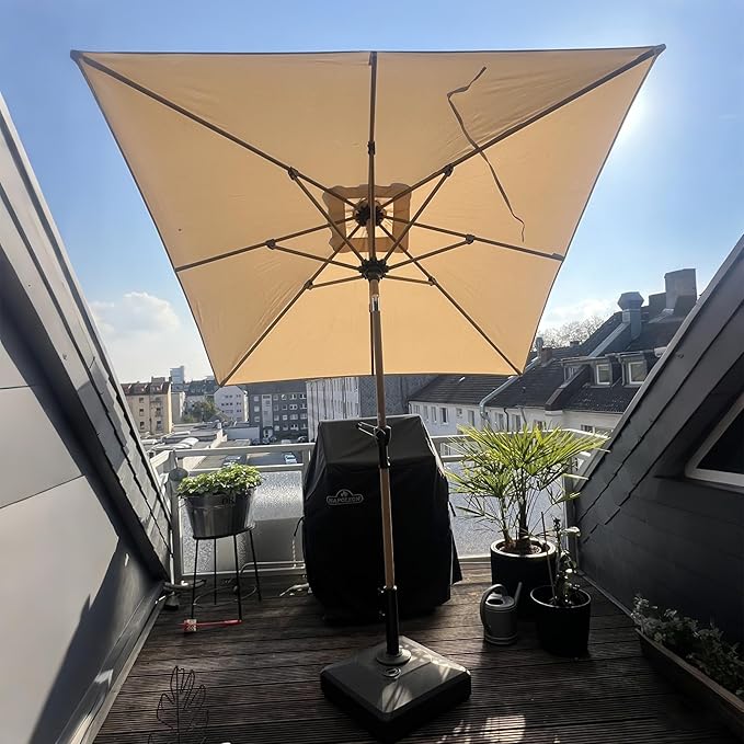 PURPLE LEAF 6.5' x 6.5' Square Patio Umbrella Market Umbrella Aluminum Outdoor Table Umbrella with Push Button Tilt & 8 Sturdy Ribs and Crank Commercial Sun Umbrella for Pool Backyard Deck, Beige