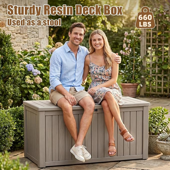 200 Gallon Outdoor Storage Box, Large Resin Deck Box, Waterproof Lockable Storage Container Bins Reinforced Stabilityfor Patio, Garden and Poolside, Grey