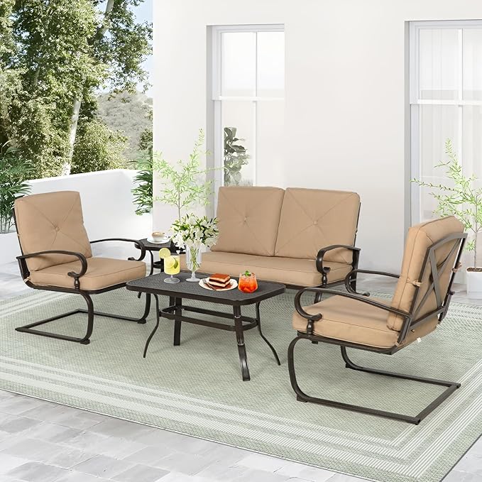 Oakcloud 5Pcs Metal Outdoor Furniture Patio Conversation Set (Loveseat, Coffee Table and Bistro Table, 2 Spring Chair) -Wrought Iron Patio Chair Set with Cushions (Brown)