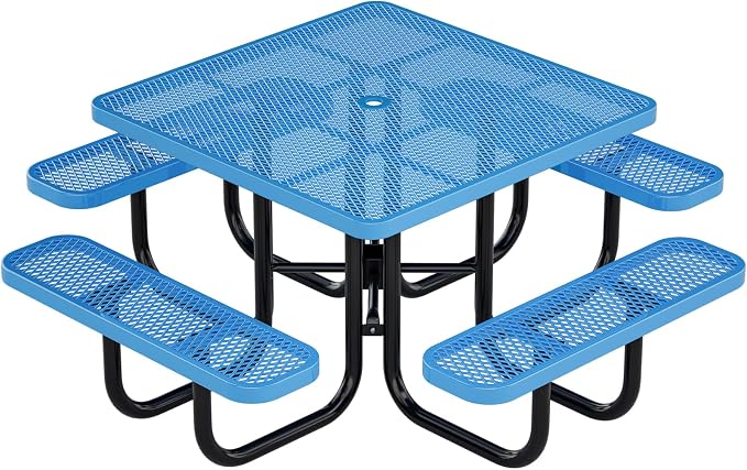 46" Square Top Outdoor Picnic Table Set for Up to 8 Persons, Outside Table Set with 4 Built-in Benches, Metal Commercial Grade Dining Furniture with Umbrella Hole for Garden, Backyard, Patio, Blue