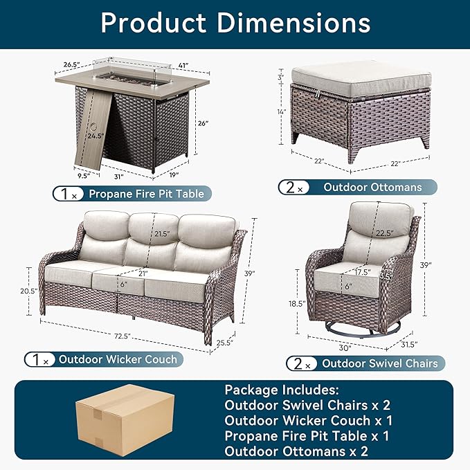 Luxury Patio Furniture Set with Fire Pit Table-6 Pieces All Weather Outdoor Swivel Rocker Chairs with Sofa and Ottomans. Outdoors Patio Conversation Sets for Porch Deck Garden Backyard(Brown/Beige)